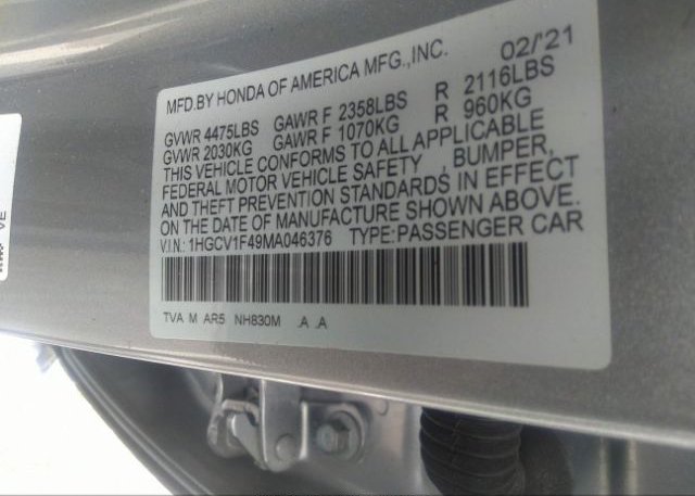 2021 HONDA ACCORD SEDAN(VIN: 1HGCV1F49MA046376
