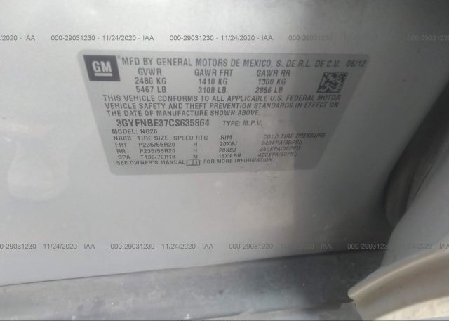 3GYFNBE37CS635864 2012 CADILLAC SRX