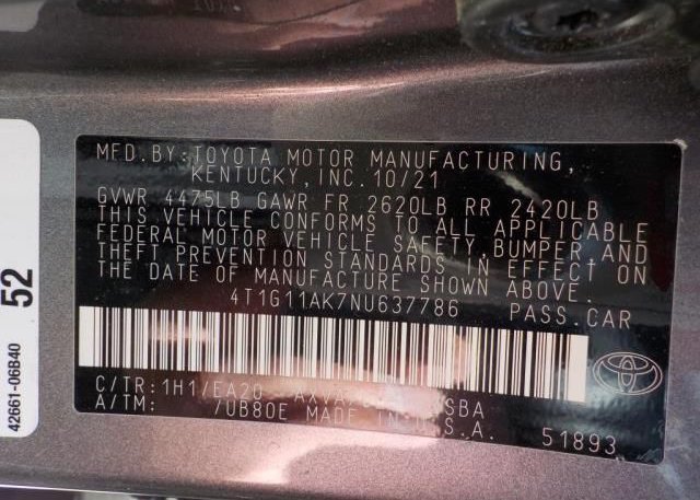 2022 TOYOTA CAMRY(VIN: 4T1G11AK7NU637786