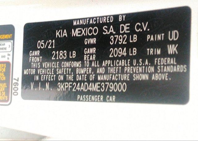 2021 KIA FORTE(VIN: 3KPF24AD4ME379000