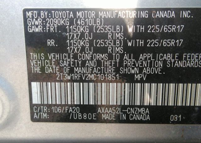 2021 TOYOTA RAV4(VIN: 2T3W1RFV2MC101851