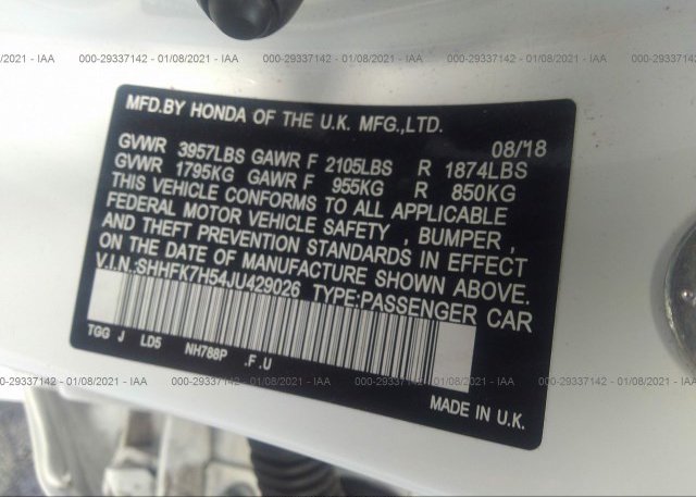 SHHFK7H54JU429026 2018 HONDA CIVIC HATCHBACK