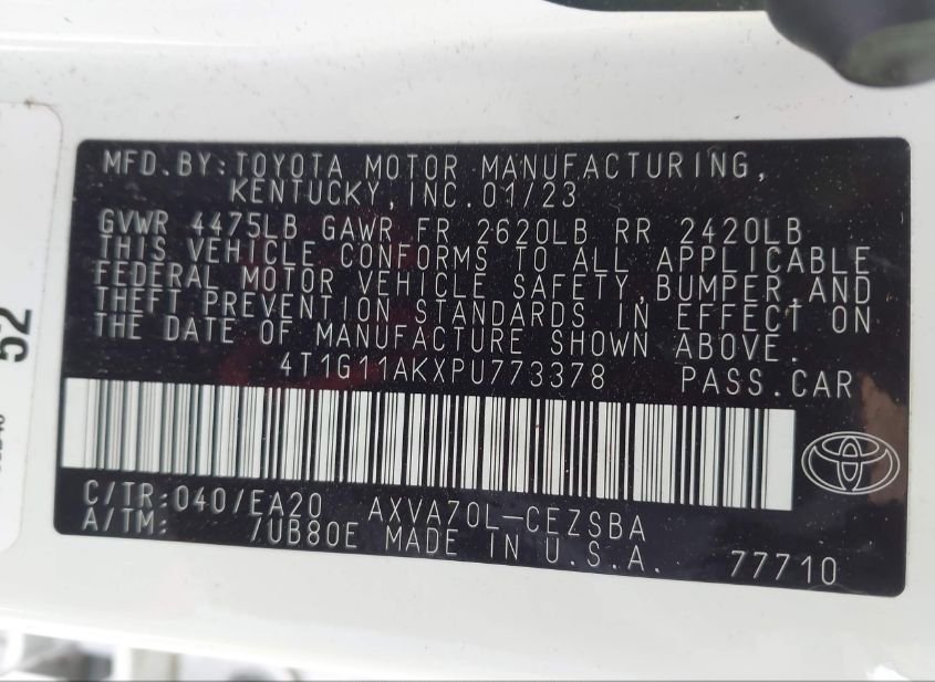 2023 TOYOTA CAMRY SE(VIN: 4T1G11AKXPU773378