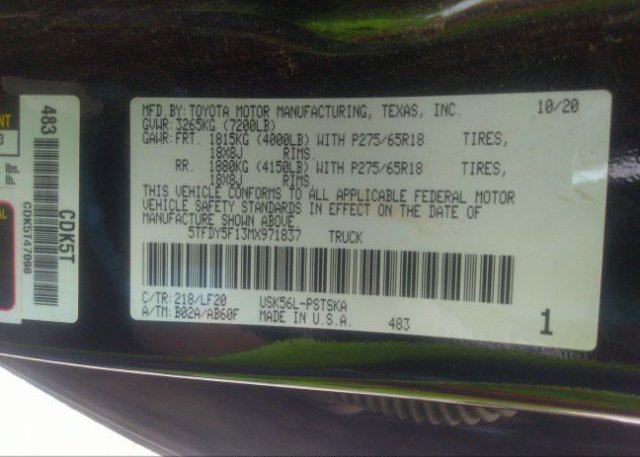 2021 TOYOTA TUNDRA 4WD(VIN: 5TFDY5F13MX971837