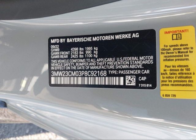 2023 BMW 2 SERIES(VIN: 3MW23CM03P8C92168