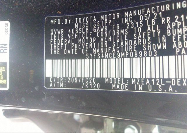 2021 TOYOTA COROLLA(VIN: 5YFS4MCE9MP089803