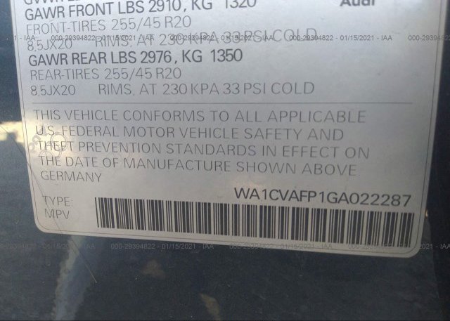 WA1CVAFP1GA022287 2016 AUDI Q5