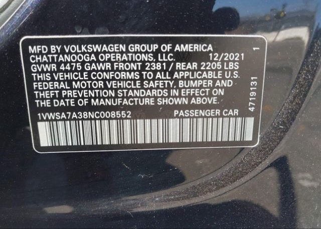 2022 VOLKSWAGEN PASSAT(VIN: 1VWSA7A38NC008552