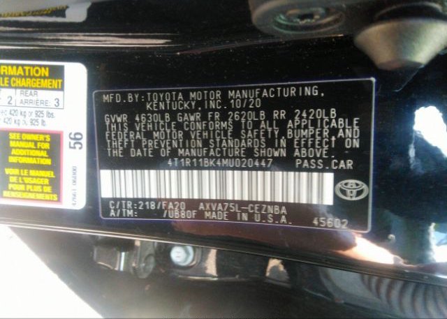 2021 TOYOTA CAMRY(VIN: 4T1R11BK4MU020447