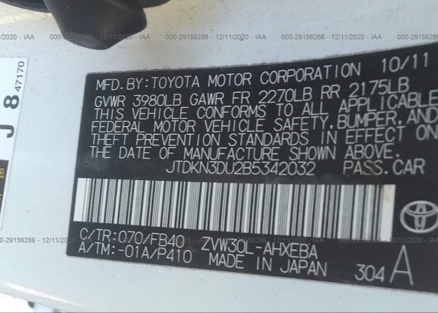 JTDKN3DU2B5342032 2011 TOYOTA PRIUS