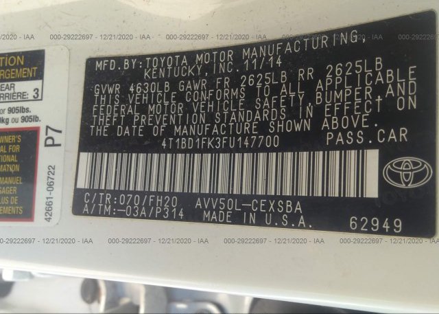 4T1BD1FK3FU147700 2015 TOYOTA CAMRY HYBRID