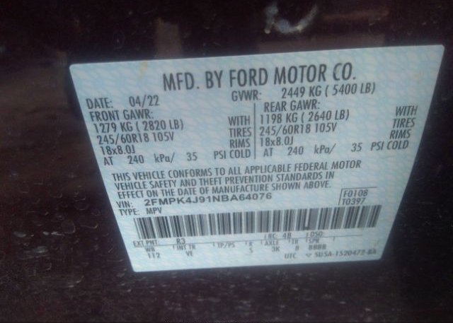 2022 FORD EDGE(VIN: 2FMPK4J91NBA64076