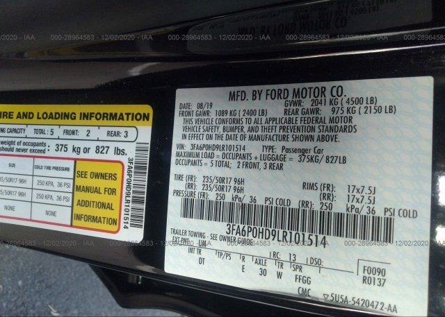 3FA6P0HD9LR101514 2020 FORD FUSION