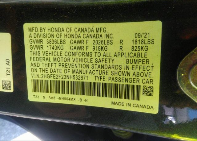 2022 HONDA CIVIC SEDAN(VIN: 2HGFE2F23NH532671