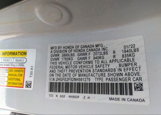 2022 HONDA CIVIC SEDAN(VIN: 2HGFE2F52NH561279