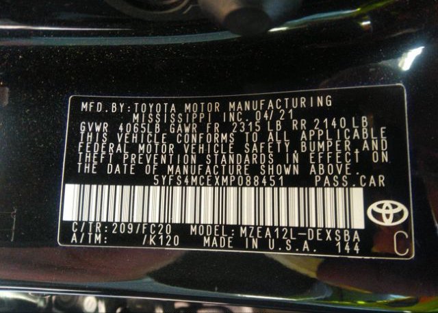 2021 TOYOTA COROLLA(VIN: 5YFS4MCEXMP088451