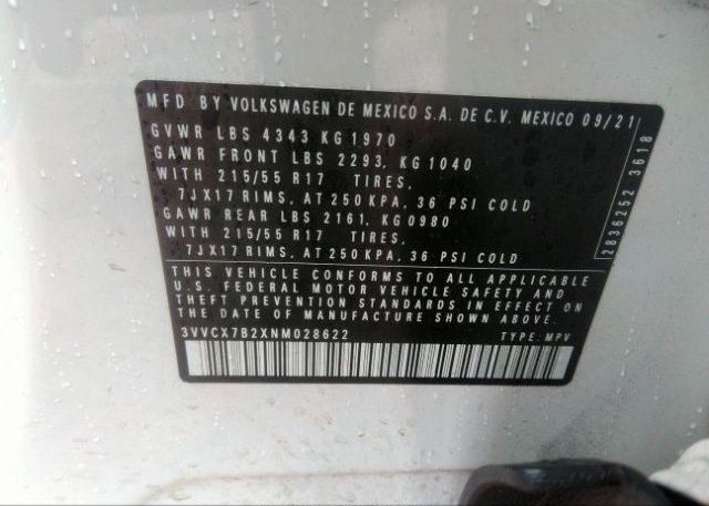 2022 VOLKSWAGEN TAOS(VIN: 3VVCX7B2XNM028622