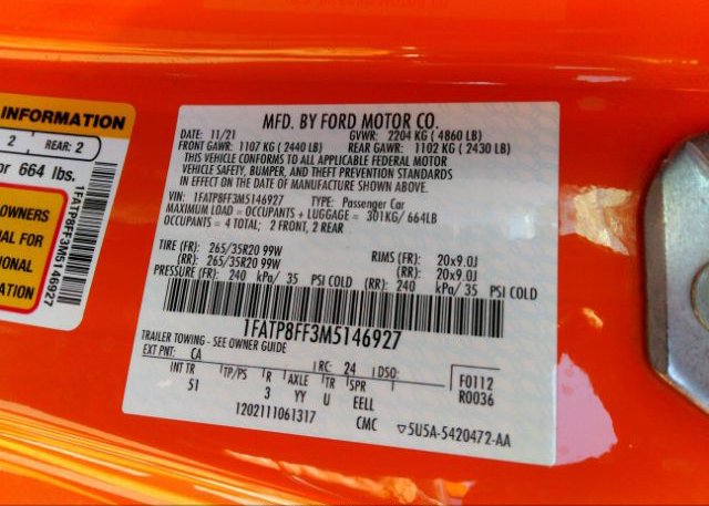 2021 FORD MUSTANG(VIN: 1FATP8FF3M5146927