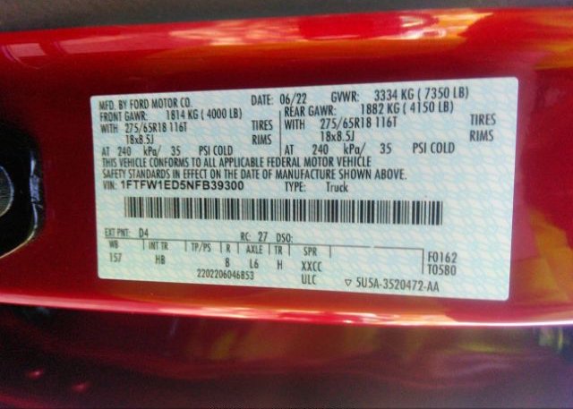 2022 FORD F-150(VIN: 1FTFW1ED5NFB39300