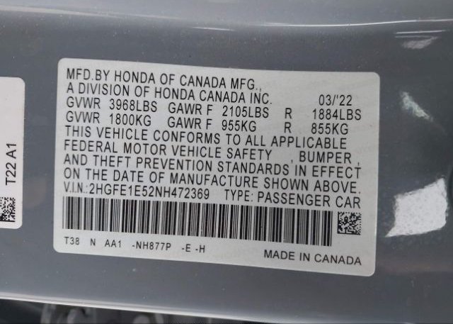 2022 HONDA CIVIC SI(VIN: 2HGFE1E52NH472369