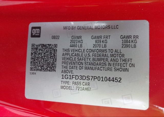 2023 CHEVROLET CAMARO(VIN: 1G1FD3DS7P0104452