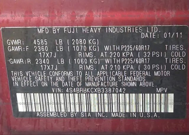 4S4BRBKCXB3387042 2011 SUBARU OUTBACK