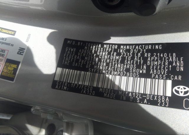2021 TOYOTA COROLLA(VIN: 5YFS4MCE8MP079005