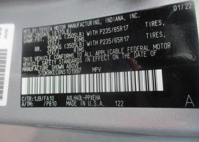 2022 TOYOTA SIENNA(VIN: 5TDKRKEC8NS101997