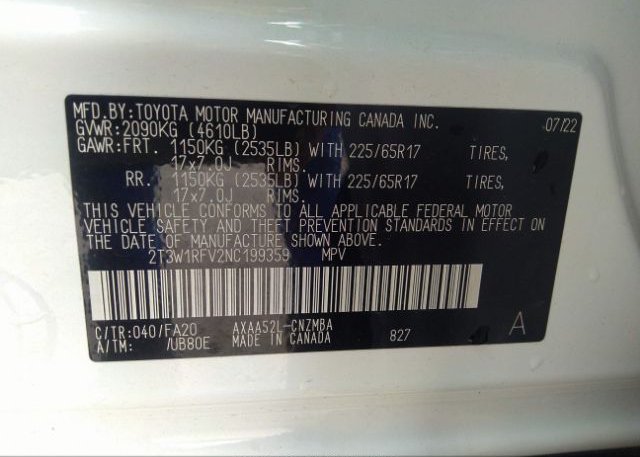 2022 TOYOTA RAV4(VIN: 2T3W1RFV2NC199359