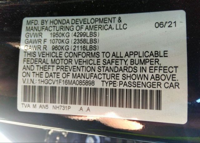 2021 HONDA ACCORD SEDAN(VIN: 1HGCV1F16MA085898