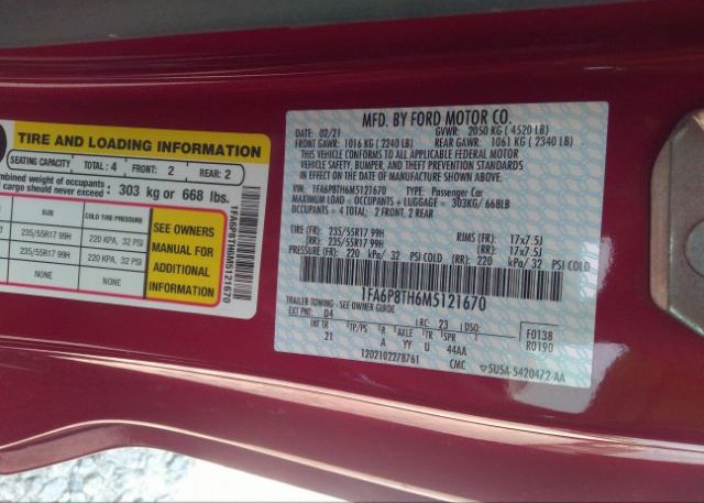 2021 FORD MUSTANG(VIN: 1FA6P8TH6M5121670