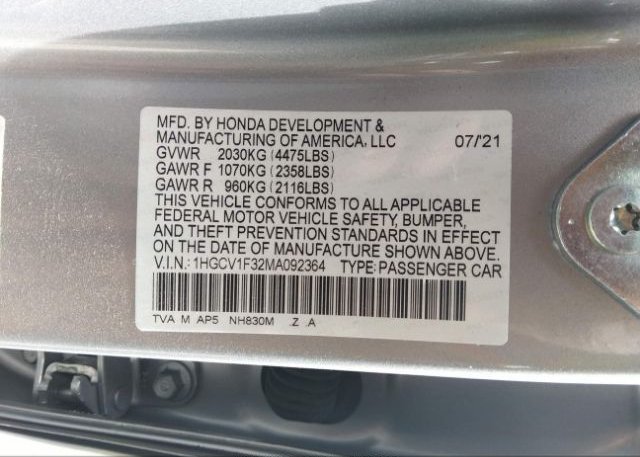 2021 HONDA ACCORD SEDAN(VIN: 1HGCV1F32MA092364