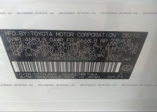 JTHBK1EG0A2395431 2010 Lexus ES 350