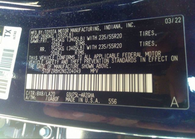 2022 TOYOTA HIGHLANDER(VIN: 5TDFZRBH2NS204049