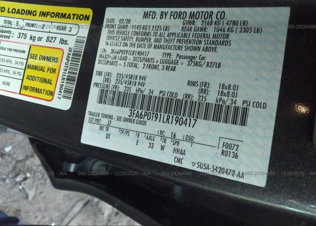 3FA6P0T91LR190417 2020 FORD FUSION