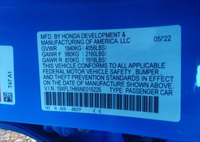 2022 HONDA CIVIC HATCHBACK(VIN: 19XFL1H85NE016226