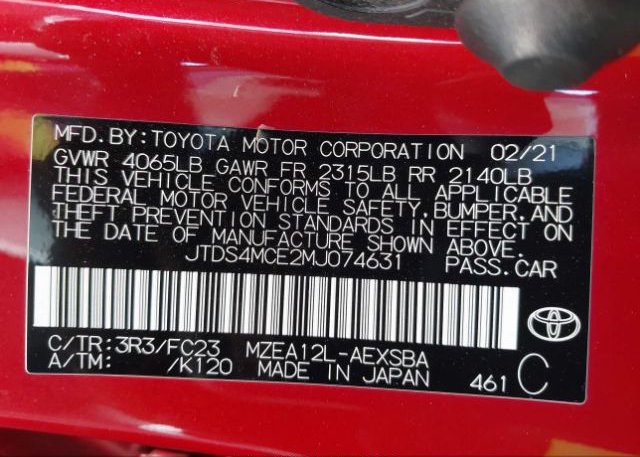 2021 TOYOTA COROLLA(VIN: JTDS4MCE2MJ074631
