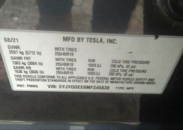 2021 TESLA MODEL Y(VIN: 5YJYGDEE6MF245838