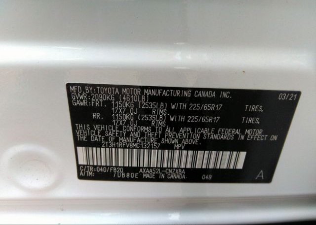 2021 TOYOTA RAV4(VIN: 2T3H1RFV8MC132157