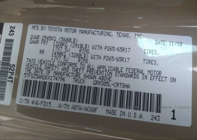 5TFSZ5AN2KX174796 2019 TOYOTA TACOMA 4WD
