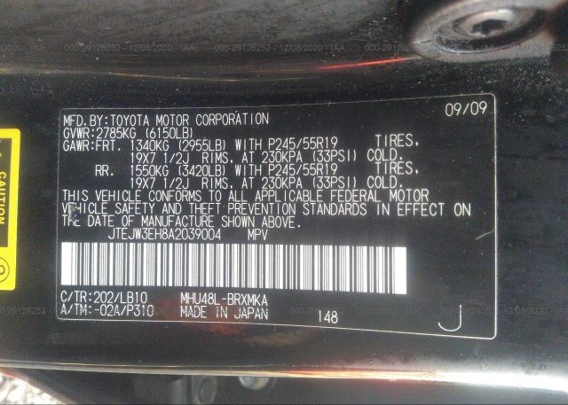 JTEJW3EH8A2039004 2010 TOYOTA HIGHLANDER HYBRID