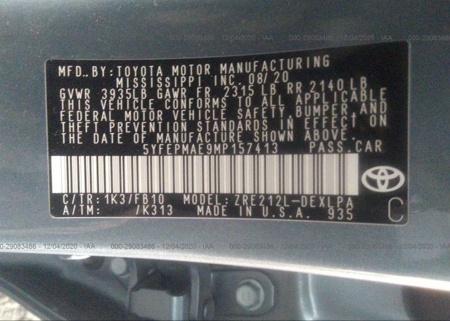 5YFEPMAE9MP157413 2021 TOYOTA COROLLA