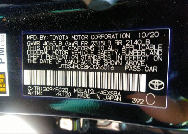 2021 TOYOTA COROLLA(VIN: JTDS4MCE8MJ066016