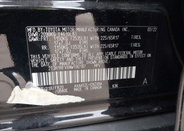 2022 TOYOTA RAV4(VIN: 2T3H1RFVXNW190187