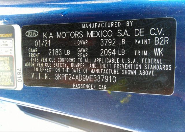 2021 KIA FORTE(VIN: 3KPF24AD9ME337910