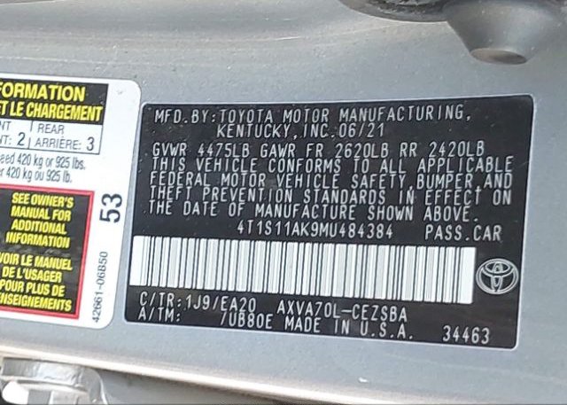2021 TOYOTA CAMRY(VIN: 4T1S11AK9MU484384