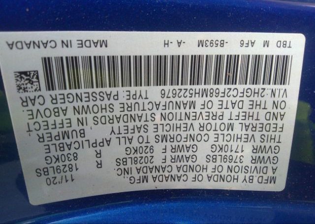 2021 HONDA CIVIC SEDAN(VIN: 2HGFC2F68MH522676