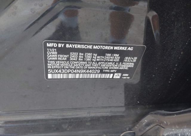 2022 BMW X3(VIN: 5UX43DP04N9K44029