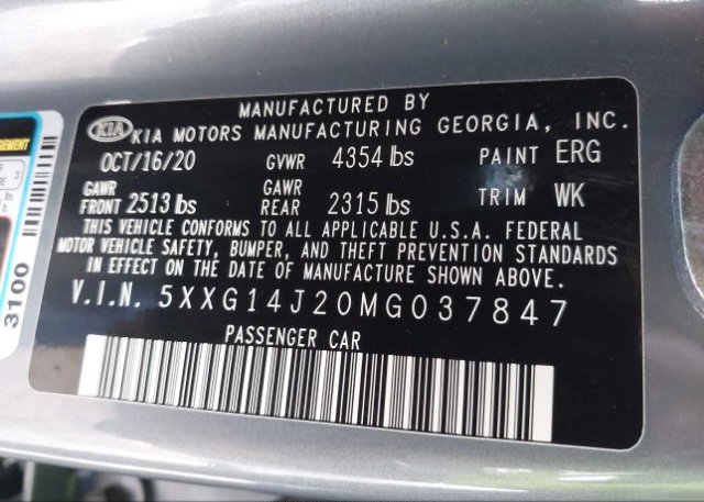 2021 KIA K5(VIN: 5XXG14J20MG037847