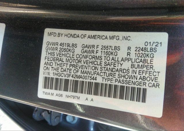 2021 HONDA ACCORD HYBRID(VIN: 1HGCV3F42MA007544